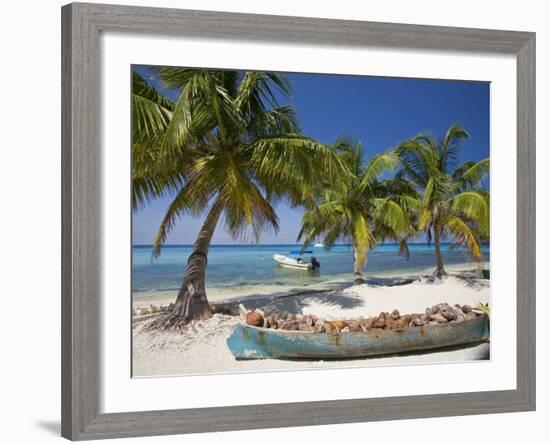 Belize, Laughing Bird Caye, Canoe Filled with Coconut Husks on Beach-Jane Sweeney-Framed Photographic Print