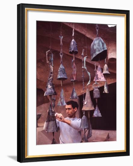 Bell Maker Paolo Soleri in His Workshop at Scottsdale, Az-Nina Leen-Framed Photographic Print