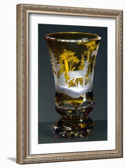 Bell-Shaped Glass with Hunting Subject, Greenish Yellow Crystal, Ca 1840-null-Framed Giclee Print