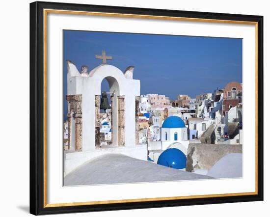 Bell Tower and Blue Domes of Church in Village of Oia, Santorini, Greece-Darrell Gulin-Framed Photographic Print