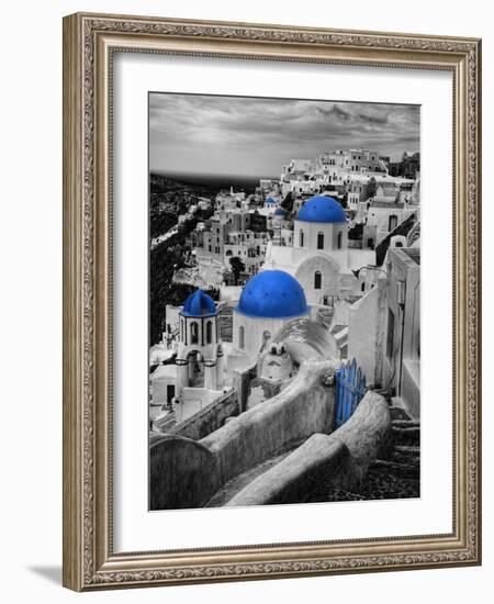 Bell Tower and Blue Domes of Church in Village of Oia, Santorini, Greece-Darrell Gulin-Framed Photographic Print