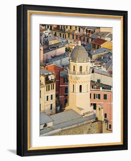 Bell Tower of a Cathedral and Surrounding Buildings, Vernazza, Italy-Dennis Flaherty-Framed Photographic Print