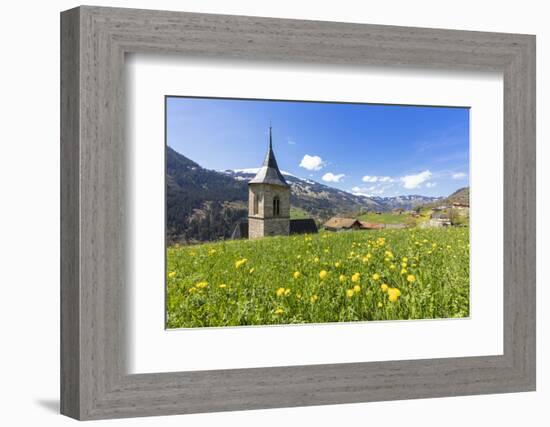 Bell tower surrounded by wildflowers and meadows in spring, Luzein, Switzerland-Roberto Moiola-Framed Photographic Print