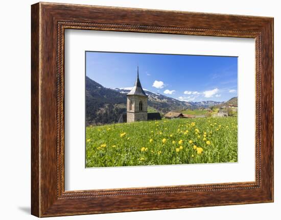 Bell tower surrounded by wildflowers and meadows in spring, Luzein, Switzerland-Roberto Moiola-Framed Photographic Print