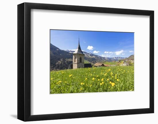 Bell tower surrounded by wildflowers and meadows in spring, Luzein, Switzerland-Roberto Moiola-Framed Photographic Print