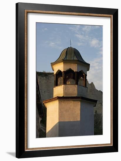 Bell Tower with Sandstone Pyramids in Background, Pirin, Melnik, Bulgaria-null-Framed Giclee Print