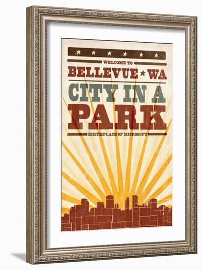 Bellevue, Washington - Skyline and Sunburst Screenprint Style-Lantern Press-Framed Art Print