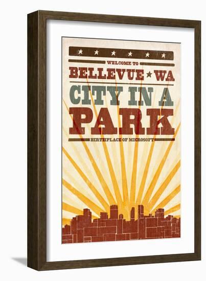 Bellevue, Washington - Skyline and Sunburst Screenprint Style-Lantern Press-Framed Art Print