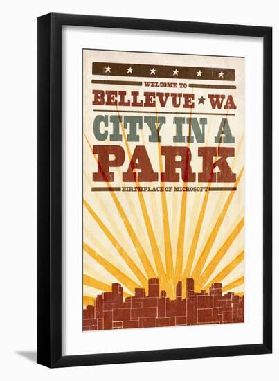 Bellevue, Washington - Skyline and Sunburst Screenprint Style-Lantern Press-Framed Art Print