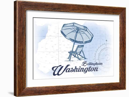 Bellingham, Washington - Beach Chair and Umbrella - Blue - Coastal Icon-Lantern Press-Framed Art Print