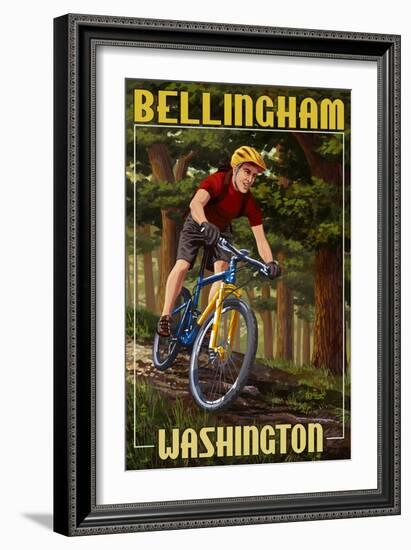 Bellingham, Washington - Mountain Biker in Trees-Lantern Press-Framed Art Print