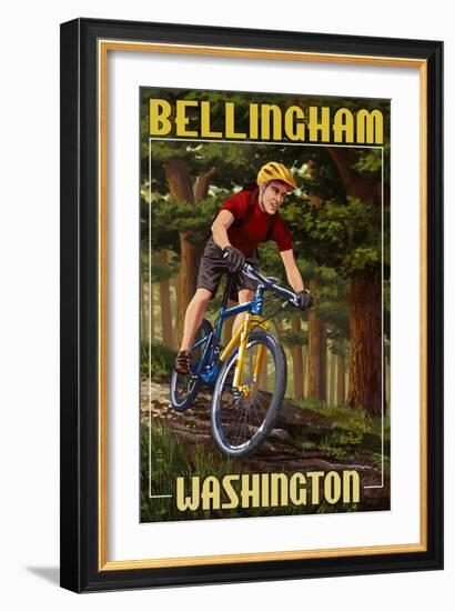 Bellingham, Washington - Mountain Biker in Trees-Lantern Press-Framed Art Print
