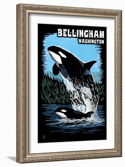 Bellingham, Washington - Orca and Calf Scratchboard-Lantern Press-Framed Art Print