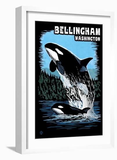 Bellingham, Washington - Orca and Calf Scratchboard-Lantern Press-Framed Art Print