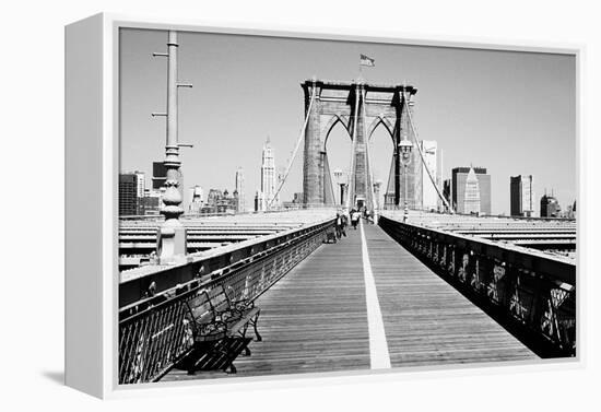 Bench on a bridge, Brooklyn Bridge, Manhattan, New York City, New York State, USA-null-Framed Premier Image Canvas