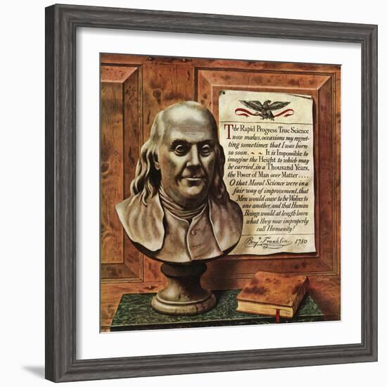 "Benjamin Franklin - bust and quote," January 19, 1946-John Atherton-Framed Giclee Print