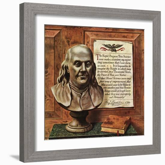 "Benjamin Franklin - bust and quote," January 19, 1946-John Atherton-Framed Giclee Print