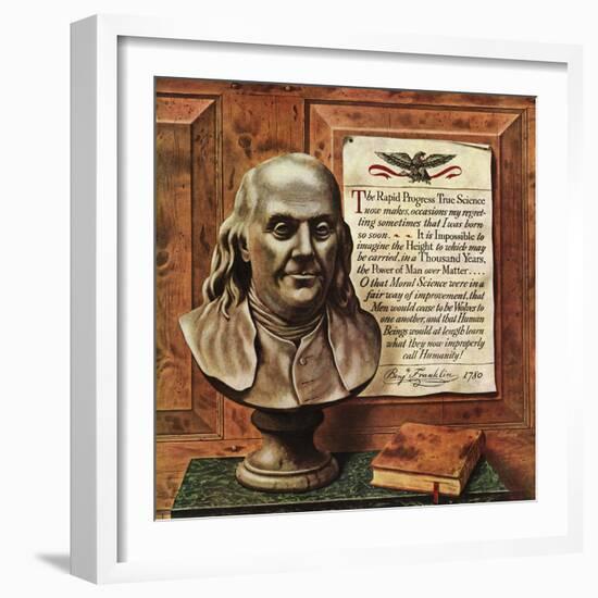 "Benjamin Franklin - bust and quote," January 19, 1946-John Atherton-Framed Giclee Print