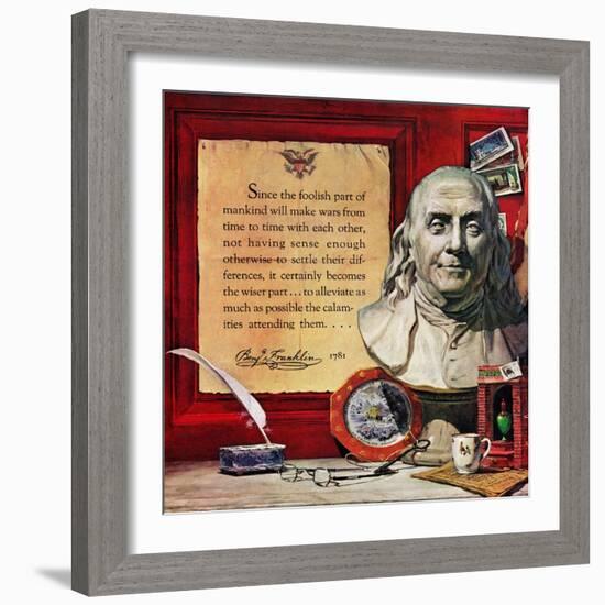 "Benjamin Franklin - Bust and Quote", January 19, 1957-Stanley Meltzoff-Framed Giclee Print