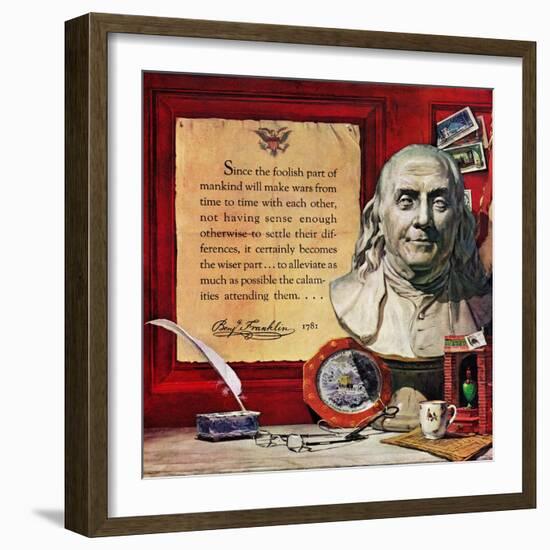 "Benjamin Franklin - Bust and Quote", January 19, 1957-Stanley Meltzoff-Framed Giclee Print