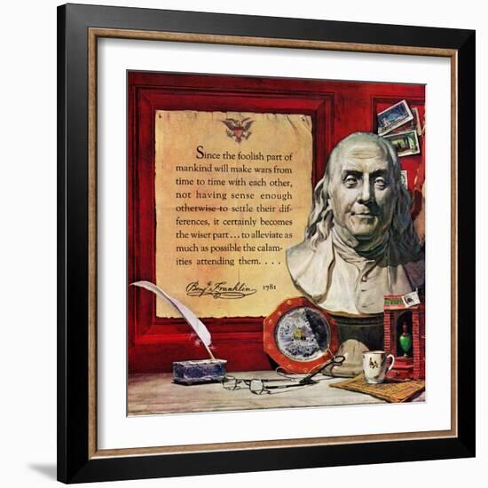 "Benjamin Franklin - Bust and Quote", January 19, 1957-Stanley Meltzoff-Framed Giclee Print