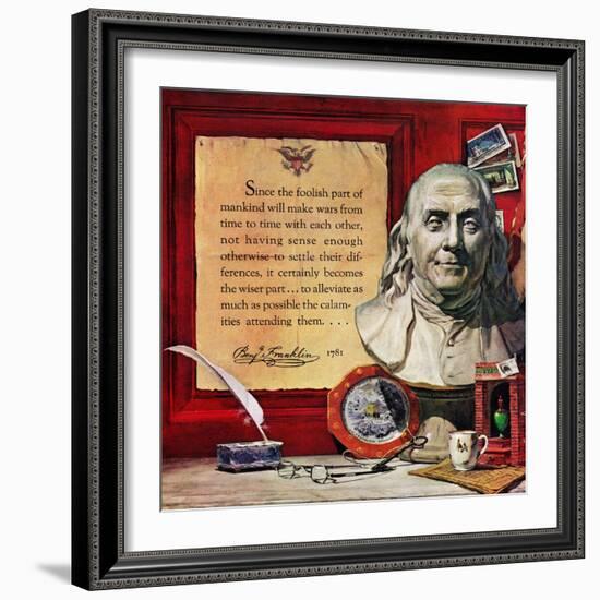 "Benjamin Franklin - Bust and Quote", January 19, 1957-Stanley Meltzoff-Framed Giclee Print