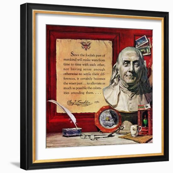 "Benjamin Franklin - Bust and Quote", January 19, 1957-Stanley Meltzoff-Framed Giclee Print