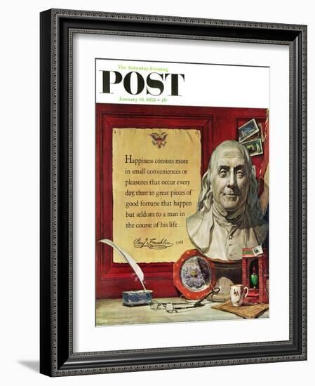 "Benjamin Franklin - Bust and Quote" Saturday Evening Post Cover, January 18, 1958-Stanley Meltzoff-Framed Giclee Print