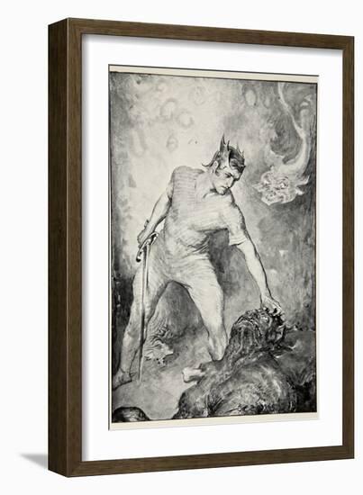 Beowulf shears off head of Grendel, from 'Hero Myths and Legends of British Race' by M.I. Ebbutt-John Henry Frederick Bacon-Framed Giclee Print