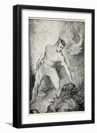 Beowulf shears off head of Grendel, from 'Hero Myths and Legends of British Race' by M.I. Ebbutt-John Henry Frederick Bacon-Framed Giclee Print