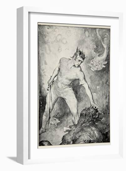 Beowulf shears off head of Grendel, from 'Hero Myths and Legends of British Race' by M.I. Ebbutt-John Henry Frederick Bacon-Framed Giclee Print