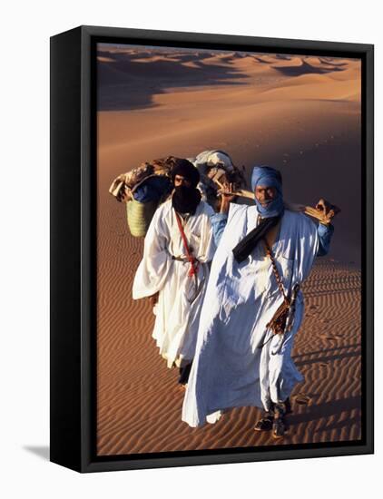 Berber Tribesmen Lead their Camels Through the Sand Dunes of the Erg Chegaga, in the Sahara Region -Mark Hannaford-Framed Premier Image Canvas