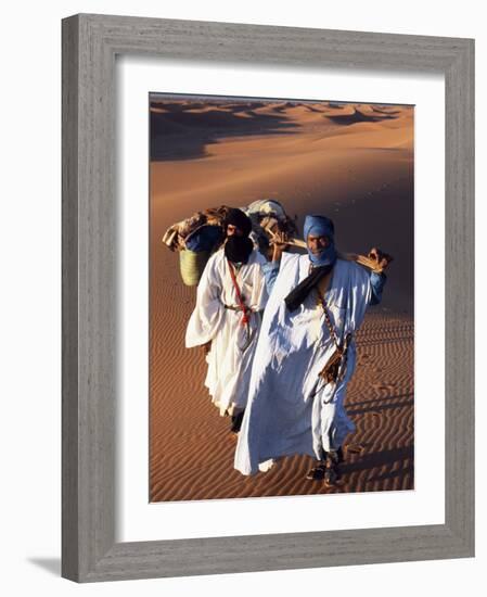 Berber Tribesmen Lead their Camels Through the Sand Dunes of the Erg Chegaga, in the Sahara Region -Mark Hannaford-Framed Photographic Print