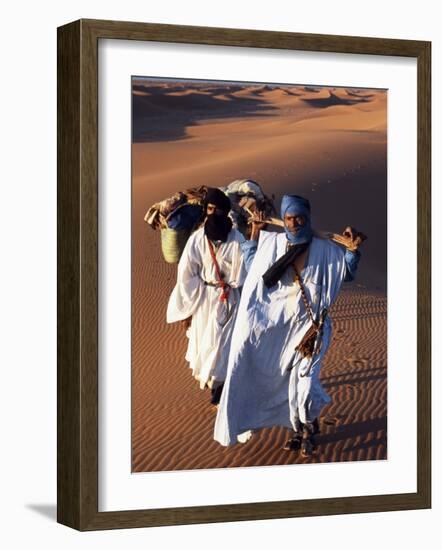 Berber Tribesmen Lead their Camels Through the Sand Dunes of the Erg Chegaga, in the Sahara Region -Mark Hannaford-Framed Photographic Print