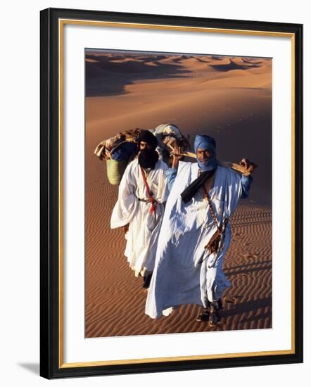 Berber Tribesmen Lead their Camels Through the Sand Dunes of the Erg Chegaga, in the Sahara Region -Mark Hannaford-Framed Photographic Print