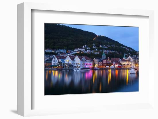 Bergen's Picturesque Bryggen District Illuminated at Dusk-Doug Pearson-Framed Photographic Print