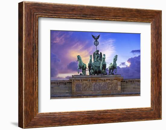 Berlin, Germany. Close-up of the Quadriga atop the Brandenburg gate at sunset.-Miva Stock-Framed Photographic Print