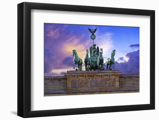 Berlin, Germany. Close-up of the Quadriga atop the Brandenburg gate at sunset.-Miva Stock-Framed Photographic Print