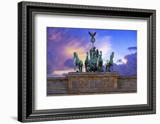 Berlin, Germany. Close-up of the Quadriga atop the Brandenburg gate at sunset.-Miva Stock-Framed Photographic Print