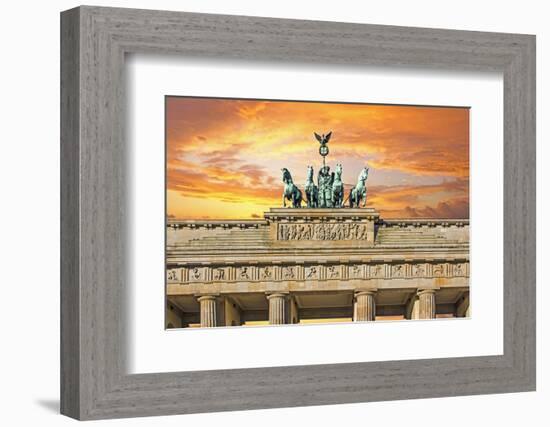 Berlin, Germany. Close-up of the Quadriga atop the Brandenburg gate at sunset.-Miva Stock-Framed Photographic Print