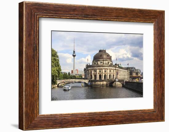 Berlin, Germany. Sightseeing boat sails along the Spree river, Museum Island and the Fernsehturm TV-Miva Stock-Framed Photographic Print