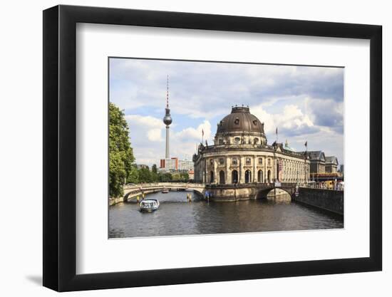 Berlin, Germany. Sightseeing boat sails along the Spree river, Museum Island and the Fernsehturm TV-Miva Stock-Framed Photographic Print