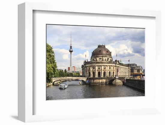 Berlin, Germany. Sightseeing boat sails along the Spree river, Museum Island and the Fernsehturm TV-Miva Stock-Framed Photographic Print