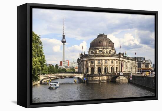 Berlin, Germany. Sightseeing boat sails along the Spree river, Museum Island and the Fernsehturm TV-Miva Stock-Framed Premier Image Canvas