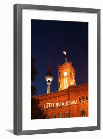 Berlin, Nikolaiviertel, Television Tower, Rotes Rathaus (Red City Hall), Night-Catharina Lux-Framed Photographic Print