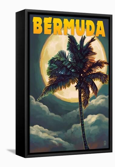 Bermuda - Palm and Moon-Lantern Press-Framed Stretched Canvas