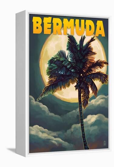 Bermuda - Palm and Moon-Lantern Press-Framed Stretched Canvas