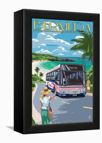 Bermuda - Pink Bus on Coastline-Lantern Press-Framed Stretched Canvas