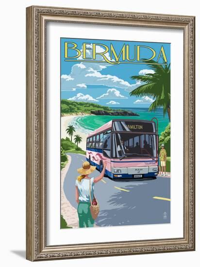 Bermuda - Pink Bus on Coastline-Lantern Press-Framed Art Print