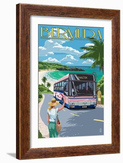 Bermuda - Pink Bus on Coastline-Lantern Press-Framed Art Print